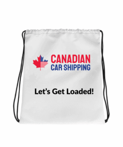 Canadian Car Shipping Drawstring Bag – White Cinch Sack with Logo and “Let’s Get Loaded!” Print